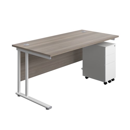 Twin Upright Rectangular Desk + Slimline Steel Pedestal 3 Drawers (FSC) 1600X800 Grey Oak/White