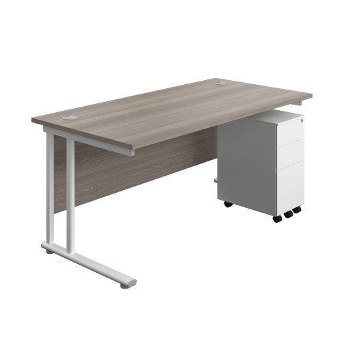 Twin Upright Rectangular Desk + Slimline Steel Pedestal 3 Drawers 1600X800 Grey Oak/White