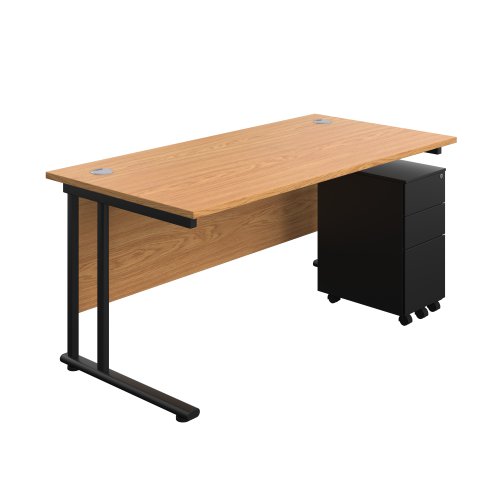 Twin Upright Rectangular Desk + Slimline Steel Pedestal 3 Drawers (FSC) 1600X800 Nova Oak/Black