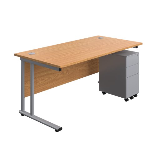 Twin Upright Rectangular Desk + Slimline Steel Pedestal 3 Drawers 1600X800 Nova Oak/Silver