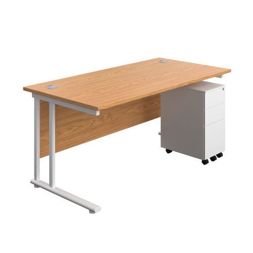 Twin Upright Rectangular Desk + Slimline Steel Pedestal 3 Drawers 1600X800 Nova Oak/White