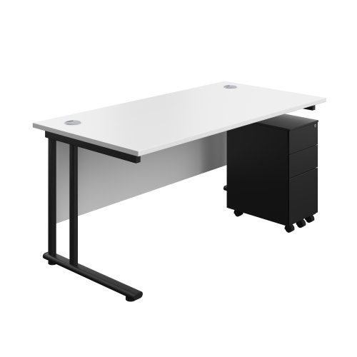 Twin Upright Rectangular Desk + Slimline Steel Pedestal 3 Drawers (FSC) 1600X800 White/Black