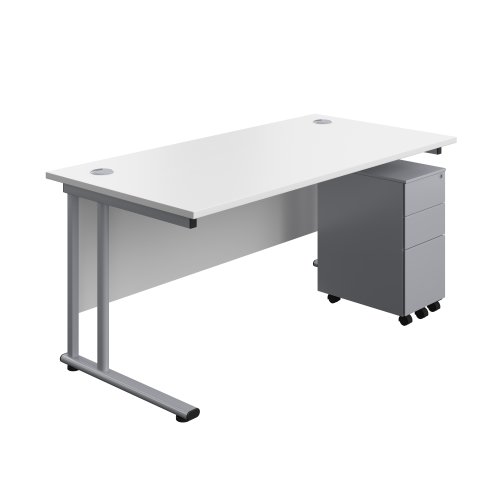 Twin Upright Rectangular Desk + Slimline Steel Pedestal 3 Drawers (FSC) 1600X800 White/Silver