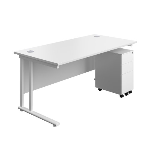 Twin Upright Rectangular Desk + Slimline Steel Pedestal 3 Drawers (FSC) 1600X800 White/White