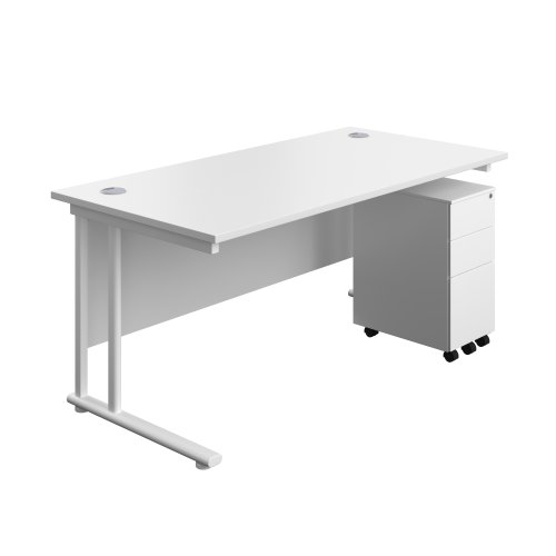 Twin Upright Rectangular Desk + Slimline Steel Pedestal 3 Drawers 1600X800 White/White