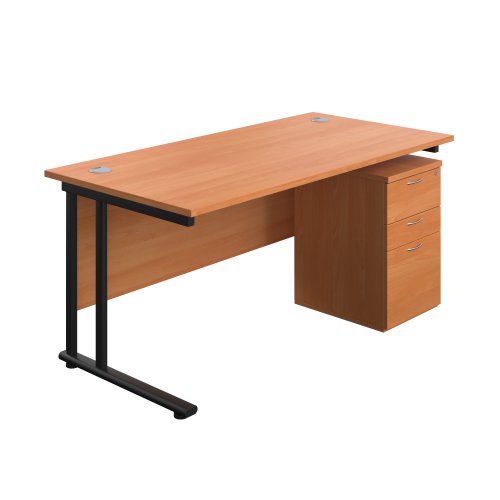 Twin Upright Rectangular Desk + High Mobile Pedestal 3 Drawer (FSC) 1600X800 Beech/Black