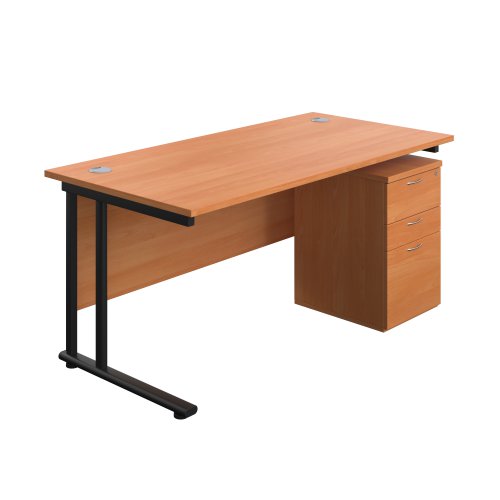 Twin Upright Rectangular Desk + High Mobile Pedestal 3 Drawer 1600X800 Beech/Black