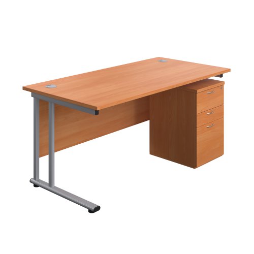Twin Upright Rectangular Desk + High Mobile Pedestal 3 Drawer 1600X800 Beech/Silver