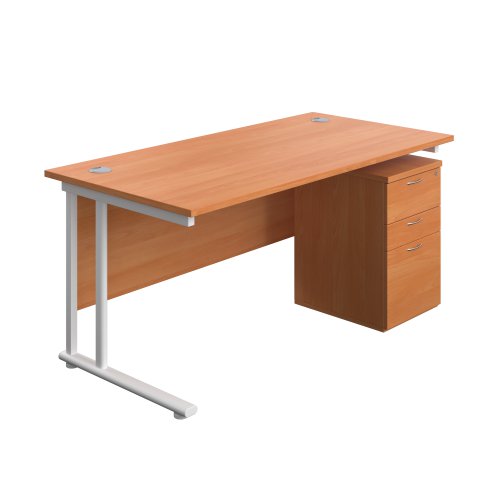 Twin Upright Rectangular Desk + High Mobile Pedestal 3 Drawer 1600X800 Beech/White