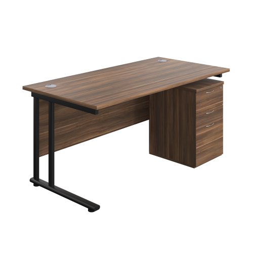 Twin Upright Rectangular Desk + High Mobile Pedestal 3 Drawer 1600X800 Dark Walnut/Black