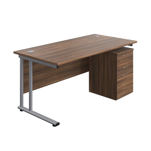 Twin Upright Rectangular Desk + High Mobile Pedestal 3 Drawer 1600X800 Dark Walnut/Silver