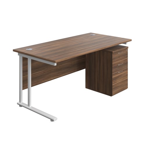 Twin Upright Rectangular Desk + High Mobile Pedestal 3 Drawer 1600X800 Dark Walnut/White