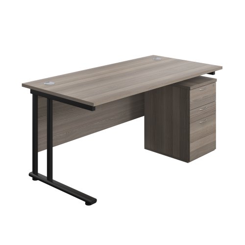 Twin Upright Rectangular Desk + High Mobile Pedestal 3 Drawer 1600X800 Grey Oak/Black