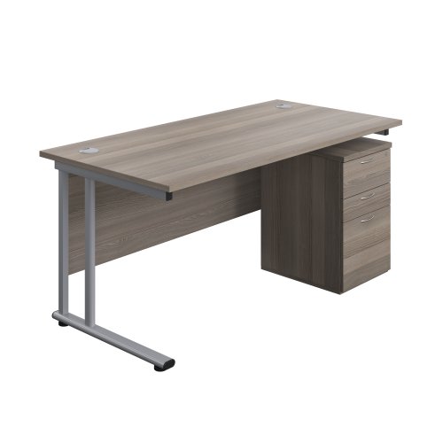 Twin Upright Rectangular Desk + High Mobile Pedestal 3 Drawer (FSC) 1600X800 Grey Oak/Silver