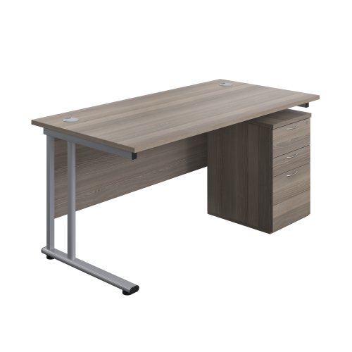 Twin Upright Rectangular Desk + High Mobile Pedestal 3 Drawer 1600X800 Grey Oak/Silver
