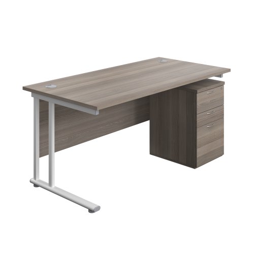 Twin Upright Rectangular Desk + High Mobile Pedestal 3 Drawer (FSC) 1600X800 Grey Oak/White