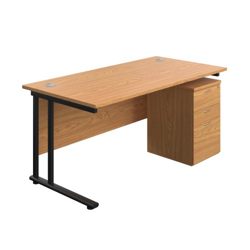Twin Upright Rectangular Desk + High Mobile Pedestal 3 Drawer (FSC) 1600X800 Nova Oak/Black