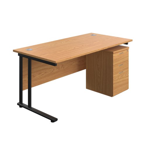 Twin Upright Rectangular Desk + High Mobile Pedestal 3 Drawer 1600X800 Nova Oak/Black