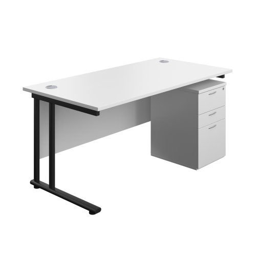 Twin Upright Rectangular Desk + High Mobile Pedestal 3 Drawer (FSC) 1600X800 White/Black