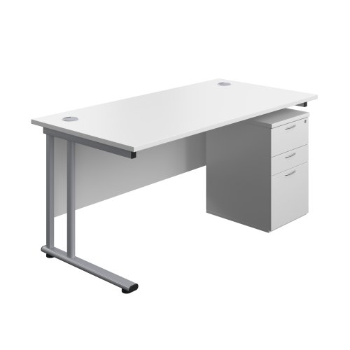 Twin Upright Rectangular Desk + High Mobile Pedestal 3 Drawer (FSC) 1600X800 White/Silver