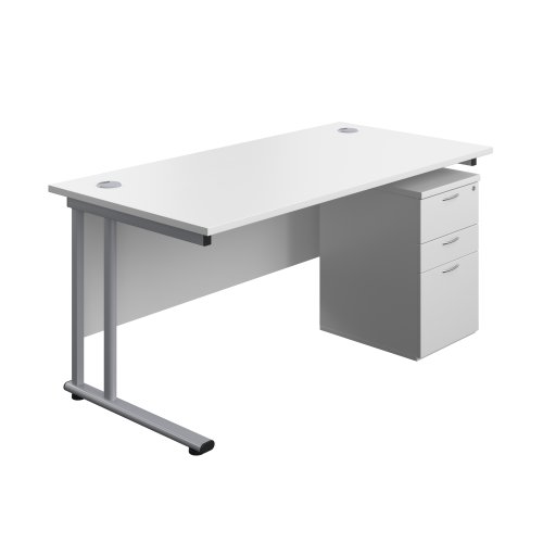 Twin Upright Rectangular Desk + High Mobile Pedestal 3 Drawer 1600X800 White/Silver