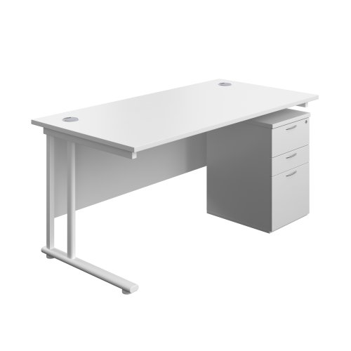 Twin Upright Rectangular Desk + High Mobile Pedestal 3 Drawer 1600X800 White/White