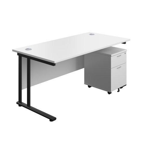 Twin Upright Rectangular Desk + Mobile 2 Drawer Pedestal 1600X800 White/Black