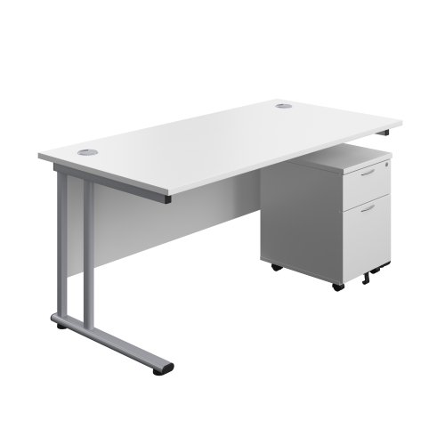 Twin Upright Rectangular Desk + Mobile 2 Drawer Pedestal 1600X800 White/Silver