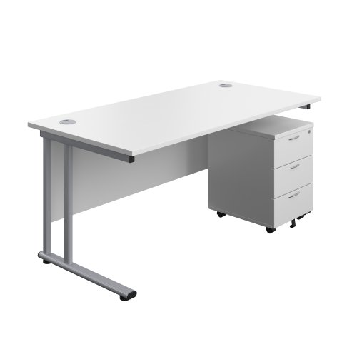 Twin Upright Rectangular Desk + Mobile 3 Drawer Pedestal 1600X800 White/Silver