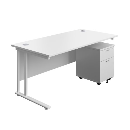 Twin Upright Rectangular Desk + Mobile 2 Drawer Pedestal 1600X800 White/White