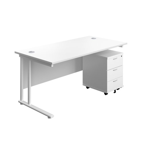 Twin Upright Rectangular Desk + Mobile 3 Drawer Pedestal (FSC) 1600X800 White/White
