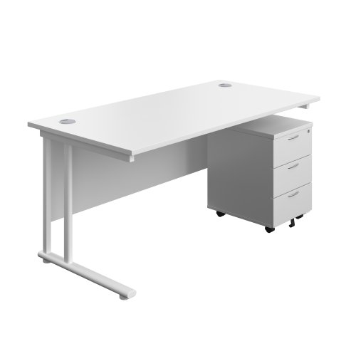 Twin Upright Rectangular Desk + Mobile 3 Drawer Pedestal 1600X800 White/White