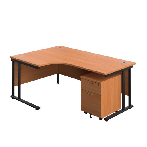 Twin Upright Left Hand Radial Desk + Mobile 2 Drawer Pedestal (FSC) 1800X1200 Beech/Black