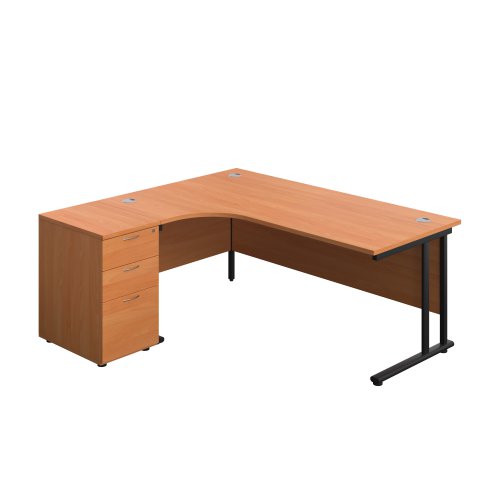 Twin Upright Left Hand Radial Desk + Desk High 3 Drawer Pedestal 1800X1200 600mm Deep Pedestal Beech/Black