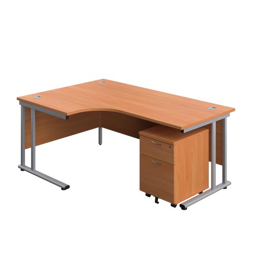 Twin Upright Left Hand Radial Desk + Mobile 2 Drawer Pedestal (FSC) 1800X1200 Beech/Silver