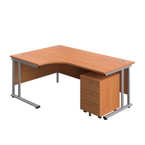 Twin Upright Left Hand Radial Desk + Mobile 3 Drawer Pedestal 1800X1200 Beech/Silver