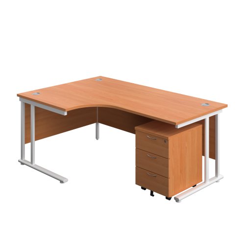 Twin Upright Left Hand Radial Desk + Mobile 3 Drawer Pedestal 1800X1200 Beech/White