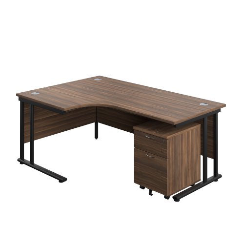 Twin Upright Left Hand Radial Desk + Mobile 2 Drawer Pedestal (FSC) 1800X1200 Dark Walnut/Black
