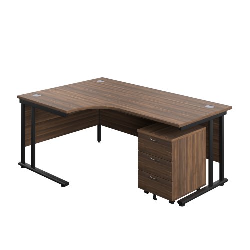 Twin Upright Left Hand Radial Desk + Mobile 3 Drawer Pedestal (FSC) 1800X1200 Dark Walnut/Black