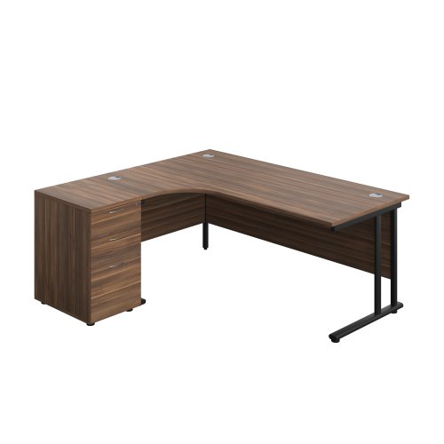 Twin Upright Left Hand Radial Desk + Desk High 3 Drawer Pedestal 1800X1200 600mm Deep Pedestal Dark Walnut/Black