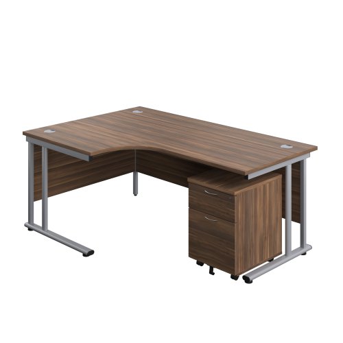 Twin Upright Left Hand Radial Desk + Mobile 2 Drawer Pedestal (FSC) 1800X1200 Dark Walnut/Silver