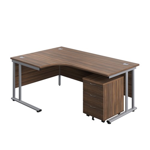 Twin Upright Left Hand Radial Desk + Mobile 3 Drawer Pedestal (FSC) 1800X1200 Dark Walnut/Silver