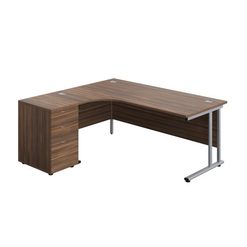 Twin Upright Left Hand Radial Desk + Desk High 3 Drawer Pedestal (FSC) 1800X1200 600mm Deep Pedestal Dark Walnut/Silver