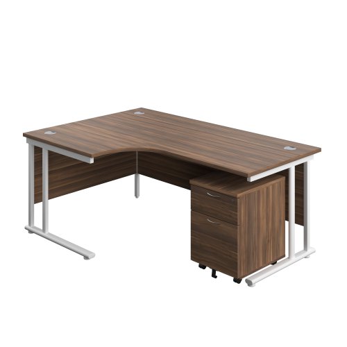 Twin Upright Left Hand Radial Desk + Mobile 2 Drawer Pedestal (FSC) 1800X1200 Dark Walnut/White