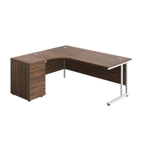 Twin Upright Left Hand Radial Desk + Desk High 3 Drawer Pedestal (FSC) 1800X1200 600mm Deep Pedestal Dark Walnut/White