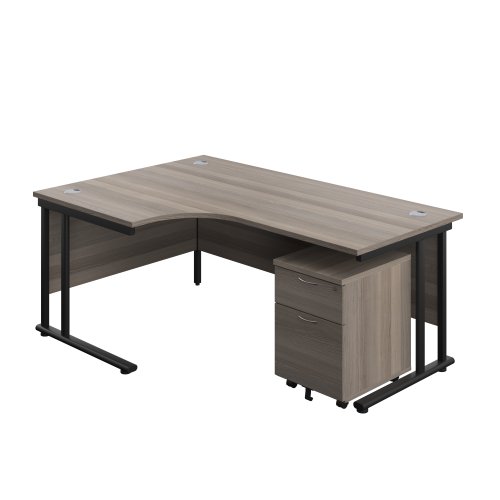 Twin Upright Left Hand Radial Desk + Mobile 2 Drawer Pedestal (FSC) 1800X1200 Grey Oak/Black