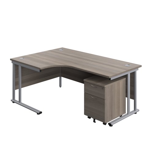 Twin Upright Left Hand Radial Desk + Mobile 2 Drawer Pedestal (FSC) 1800X1200 Grey Oak/Silver