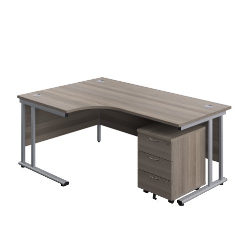 Twin Upright Left Hand Radial Desk + Mobile 3 Drawer Pedestal (FSC) 1800X1200 Grey Oak/Silver