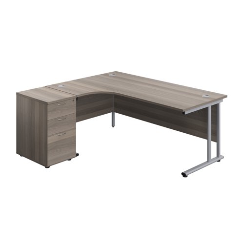 Twin Upright Left Hand Radial Desk + Desk High 3 Drawer Pedestal 1800X1200 600mm Deep Pedestal Grey Oak/Silver