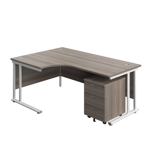 Twin Upright Left Hand Radial Desk + Mobile 3 Drawer Pedestal (FSC) 1800X1200 Grey Oak/White